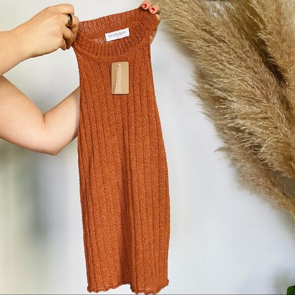 NEW VESTIQUE Rust Orange Brown High Cut Neck Ribbed 90s Sweater Tank Top Shirt S - Picture 4 of 10